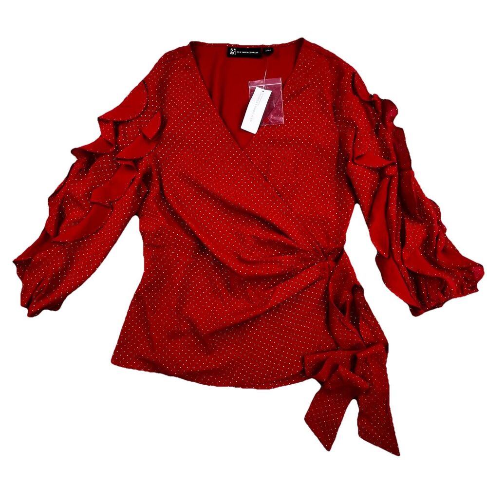 New york and Company Wrap Blouse Size Small RedTie Front Rivet Dot Detail